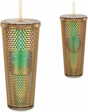 Gold Starbucks Magic Kingdom 50th Anniversary Gold 24oz Studded Cold Cup Tumbler With Straw, 400950668991 | 7164829-XI