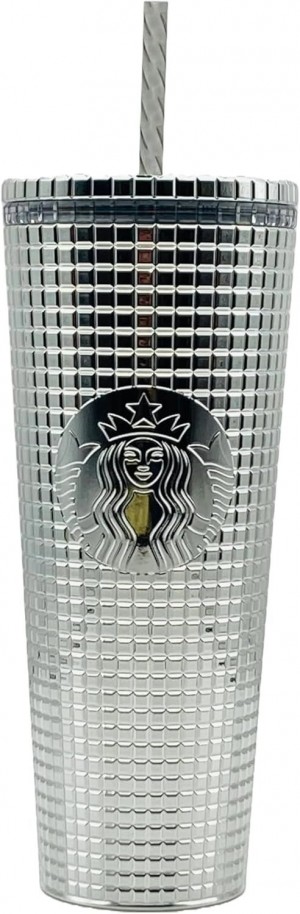 Silver Starbucks 2023 Holiday Silver Chrome Grid Tumbler 24oz Venti Size | 7186325-AJ